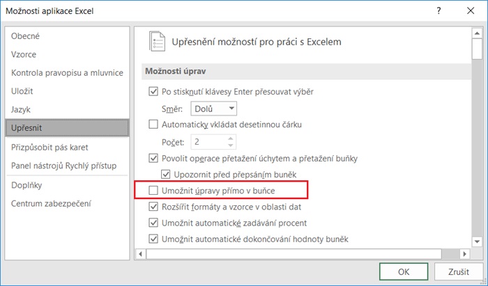 Excel - Možnosti - Upřesnit