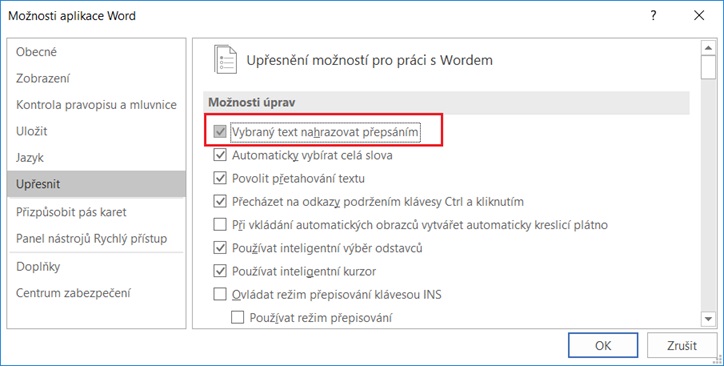 Word - Možnosti - Upřesnit - Mazání textu